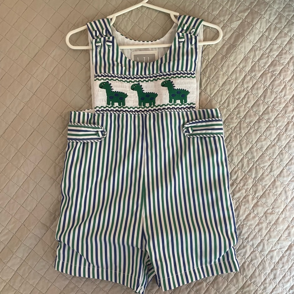 Lil Cactus Blue/Green Striped Dinosaur Shortalls